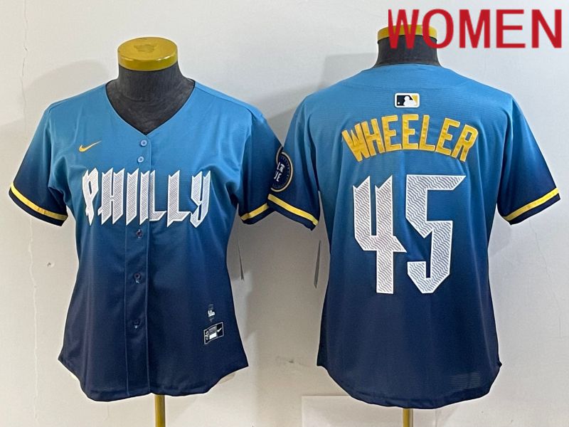 Women Philadelphia Phillies #45 Wheeler Blue City Edition Nike 2024 MLB Jersey style 1